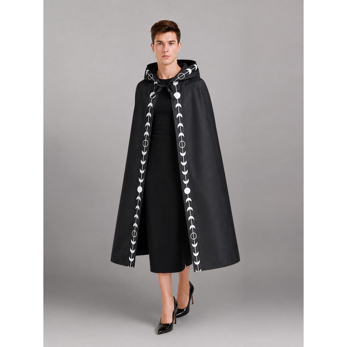 Black Carnival Cloak with Hood, Moon Pattern