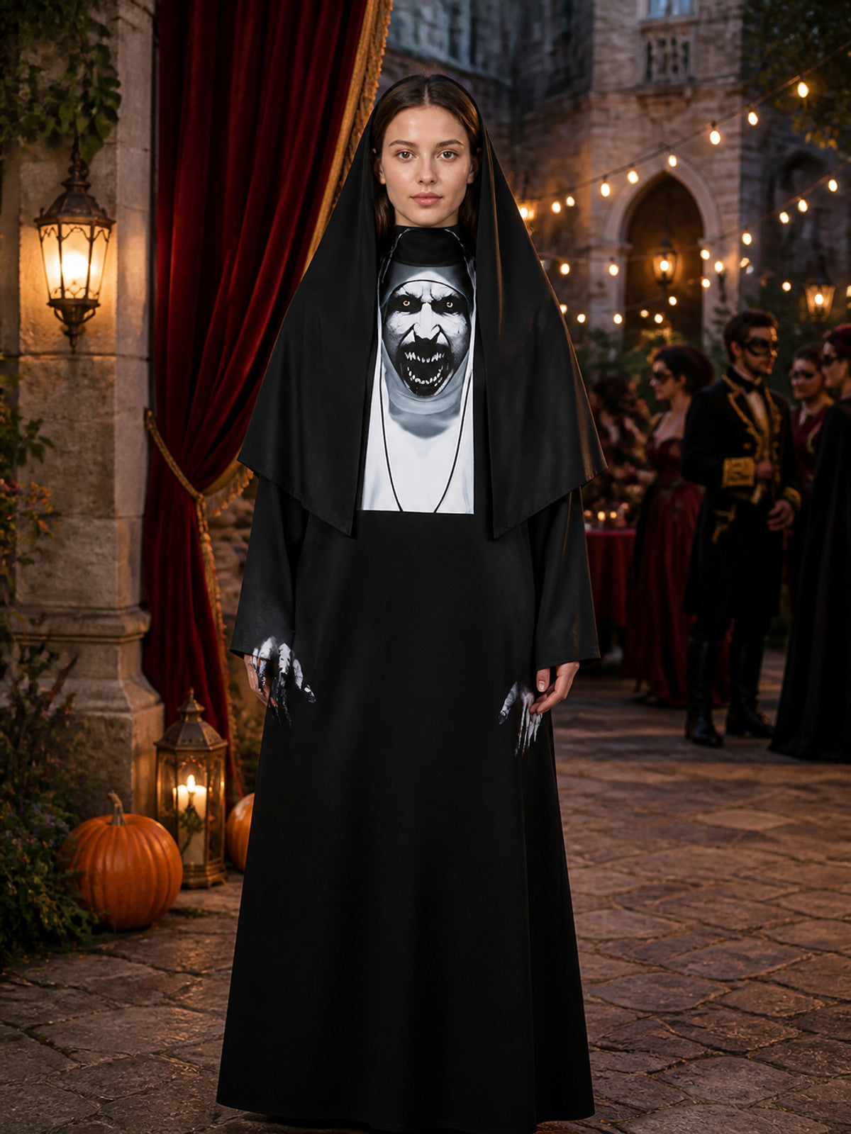 Adult Gothic Nun Halloween Costume, Black Hooded Robe with Scary Face Print product view 2