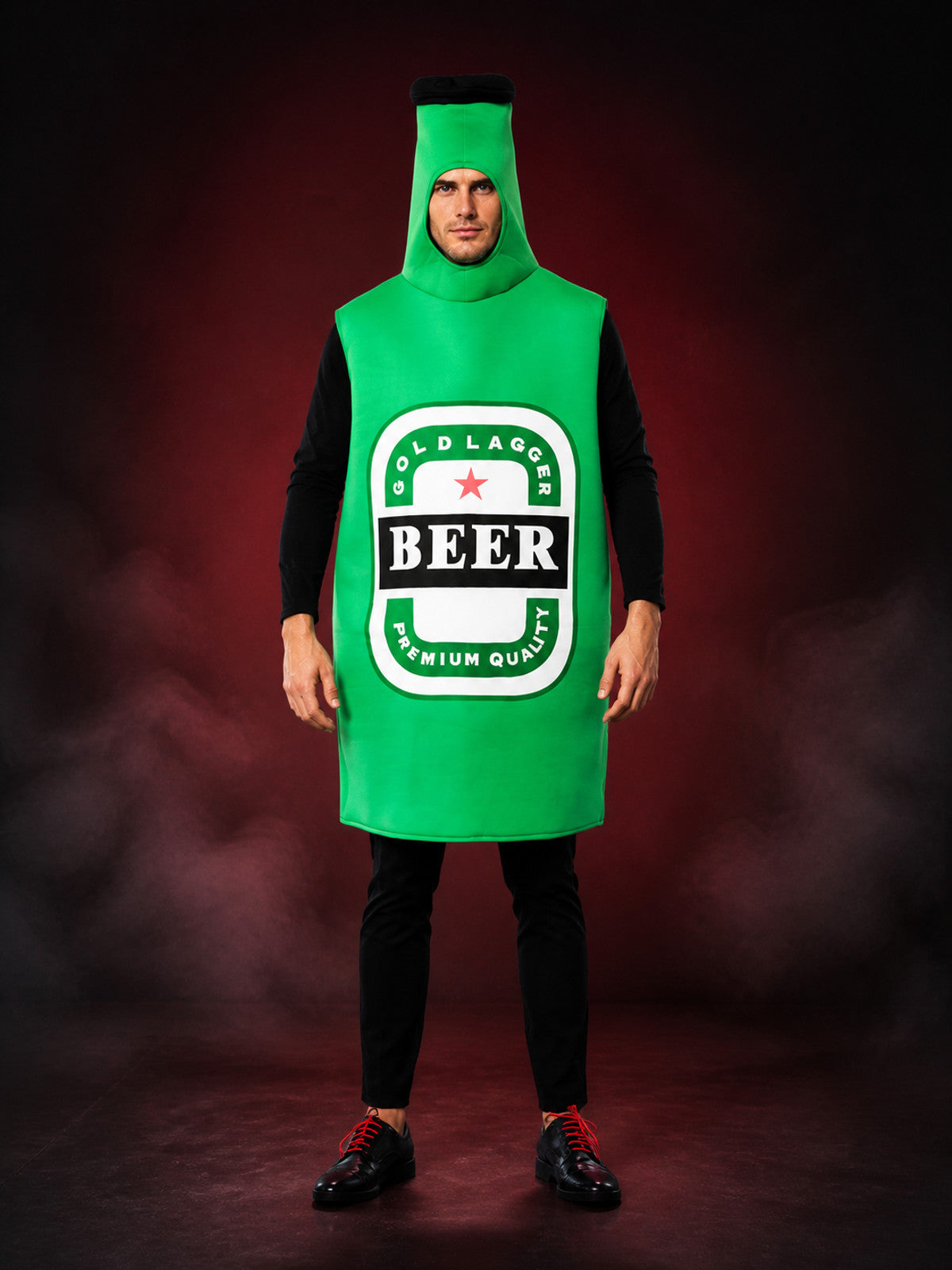 Adult Unisex Beer Bottle Costume, Sleeveless One-Piece Outfit with Bottle Cap main product view