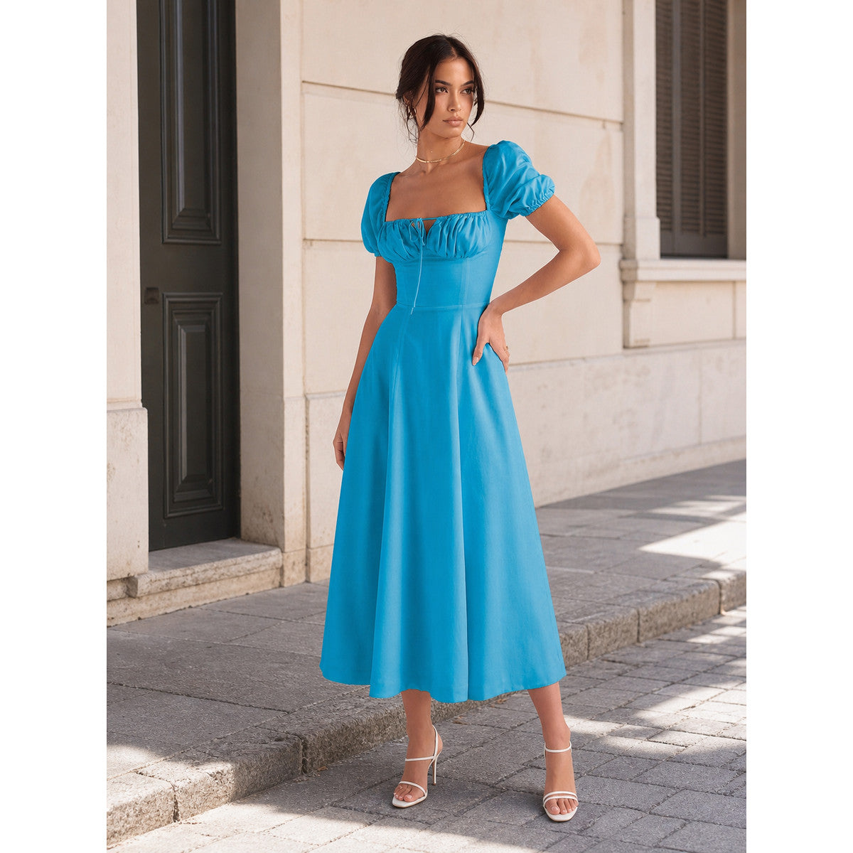 Women’s blue midi dress with a square neckline