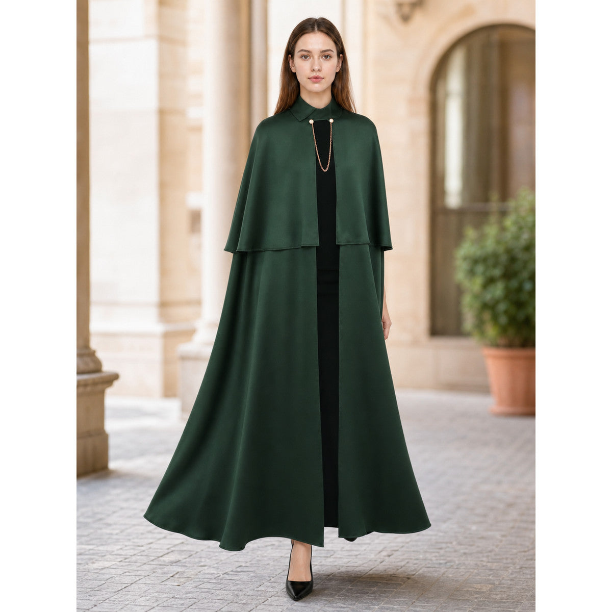Cape Cloak with Stand Collar and Gold-Tone Chain lifestyle view