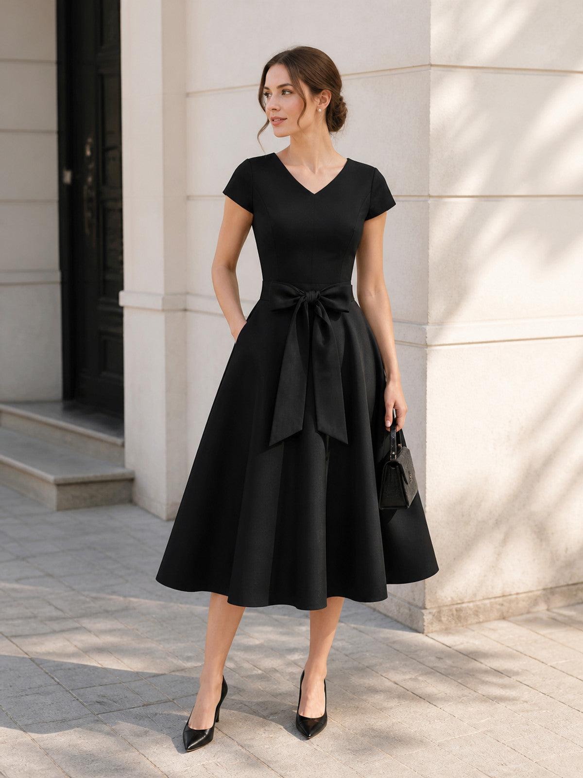 Black V-Neck Dress with Bow Costume Dresses detail