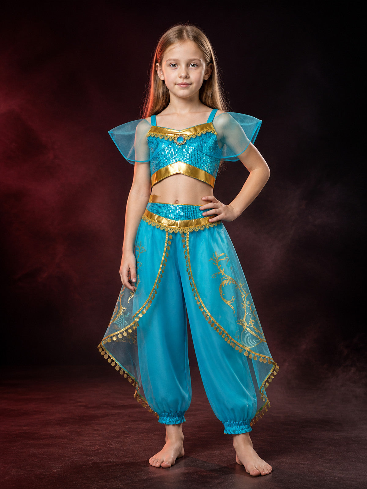 Girls Arabian Princess Halloween Costume Set, Sequined Top and Harem Pants