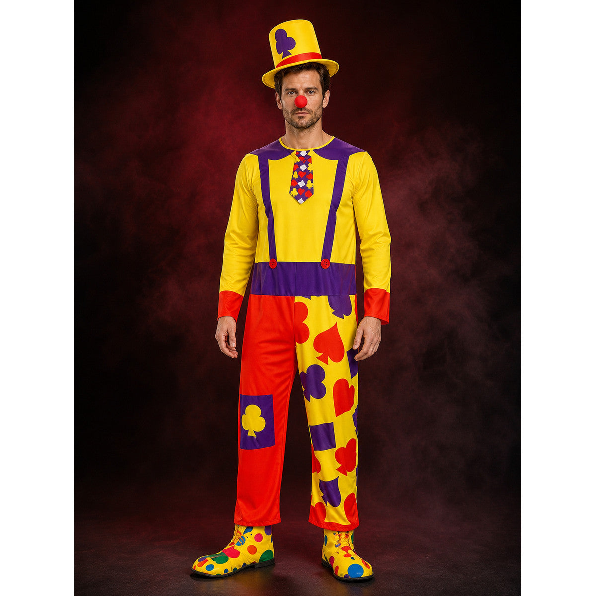 Adult Unisex Clown Jumpsuit Costume With Hat, Colorful Heart & Flower Print main product view