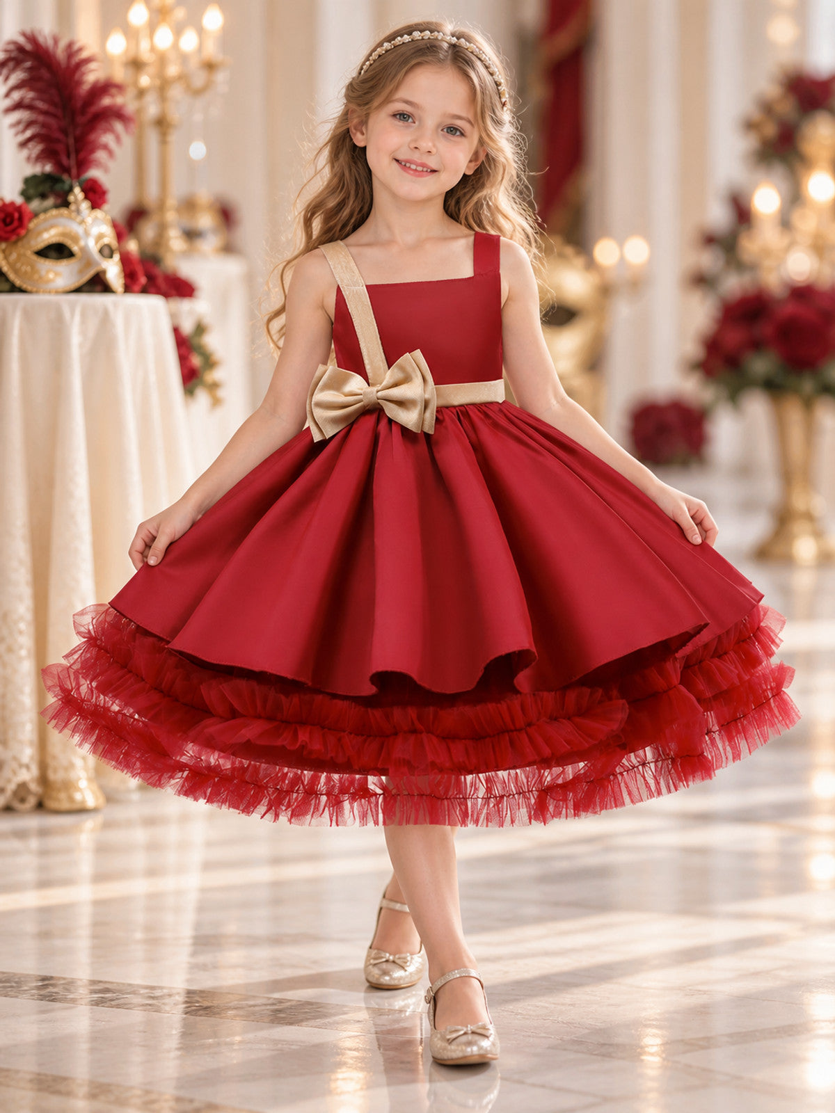Burgundy sleeveless dress with gold bow and full skirt