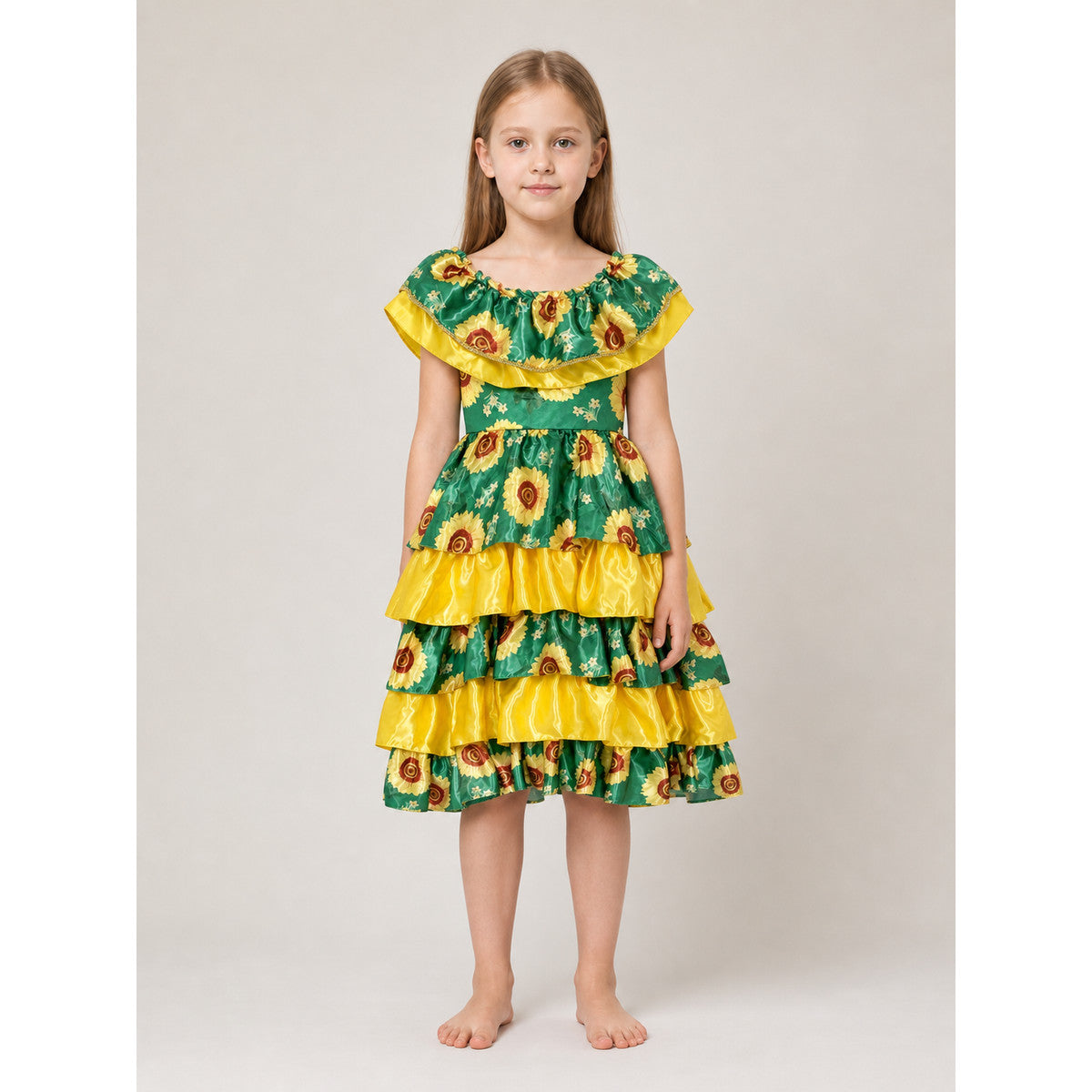 Girl's tiered dress with ruffles and flowers lifestyle