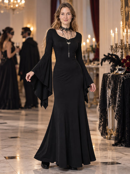 Black Long Gothic-Style Dress with Flared Sleeves