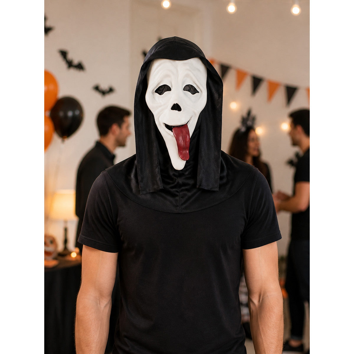 Halloween Mask with a Red Tongue and Black Hood lifestyle view
