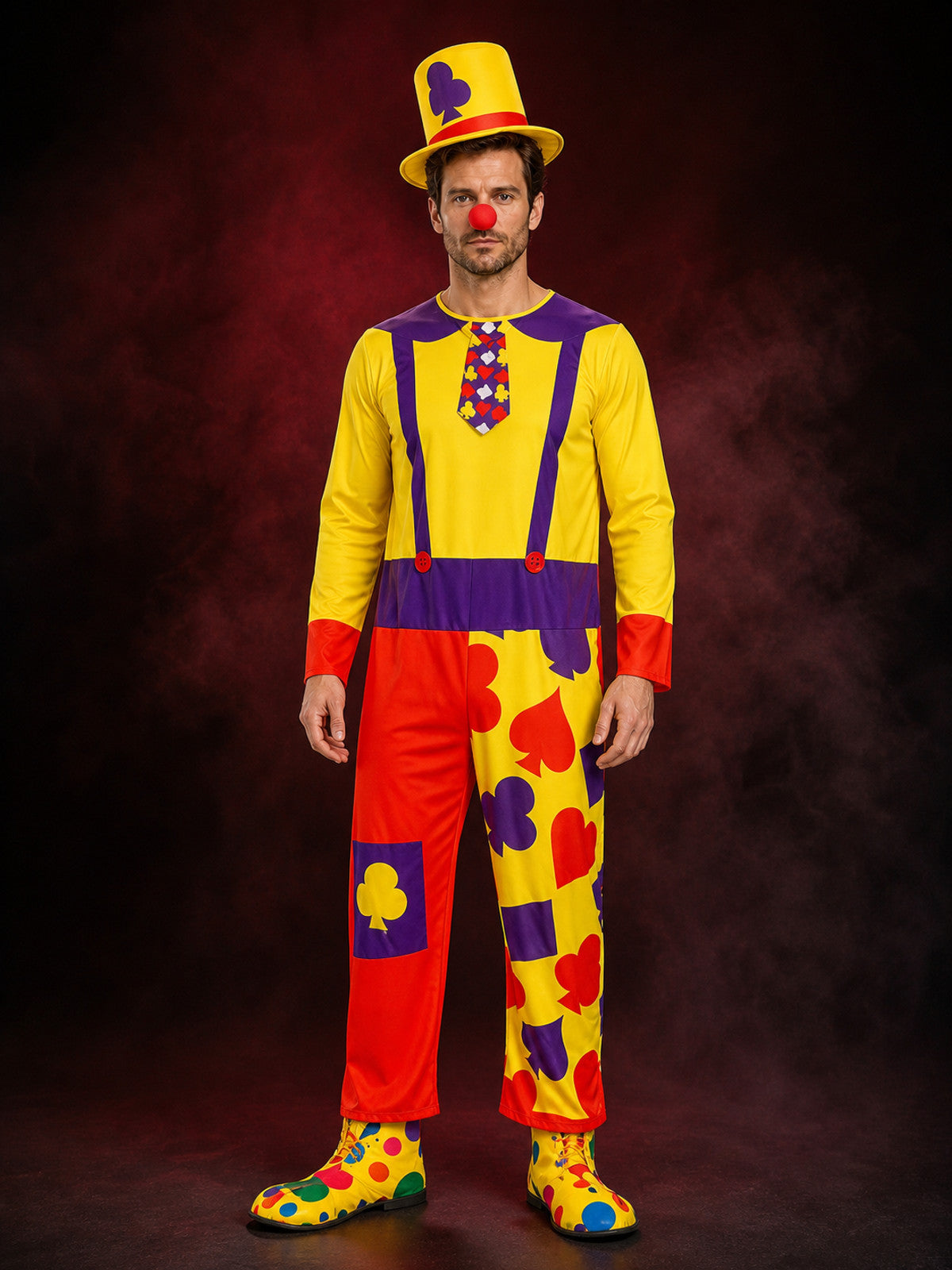 Adult Unisex Clown Jumpsuit Costume With Hat, Colorful Heart & Flower Print