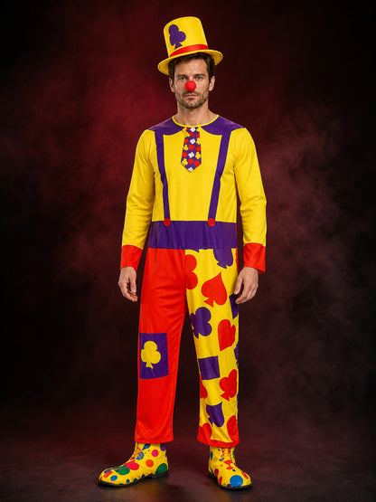 Adult Unisex Clown Jumpsuit Costume With Hat, Colorful Heart & Flower Print