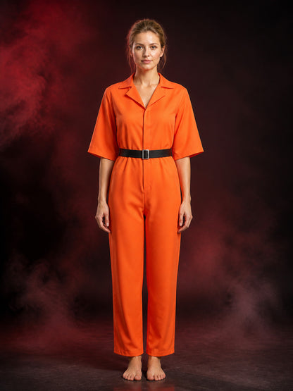 Plus Size Orange Prisoner Jumpsuit Costume with Belt, Short Sleeves and DOC main product view