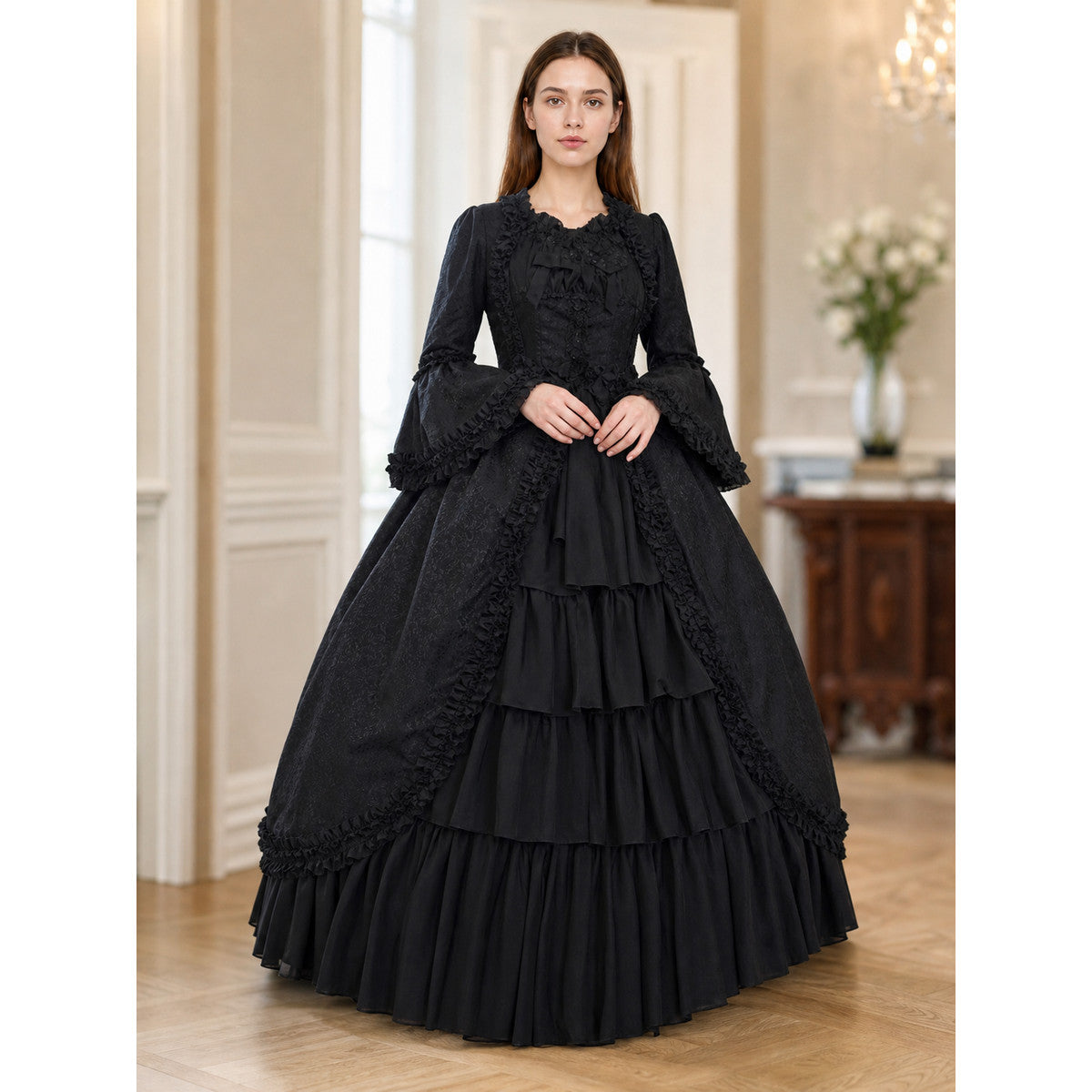 Gothic Victorian Dress with Sleeves and Ruffles