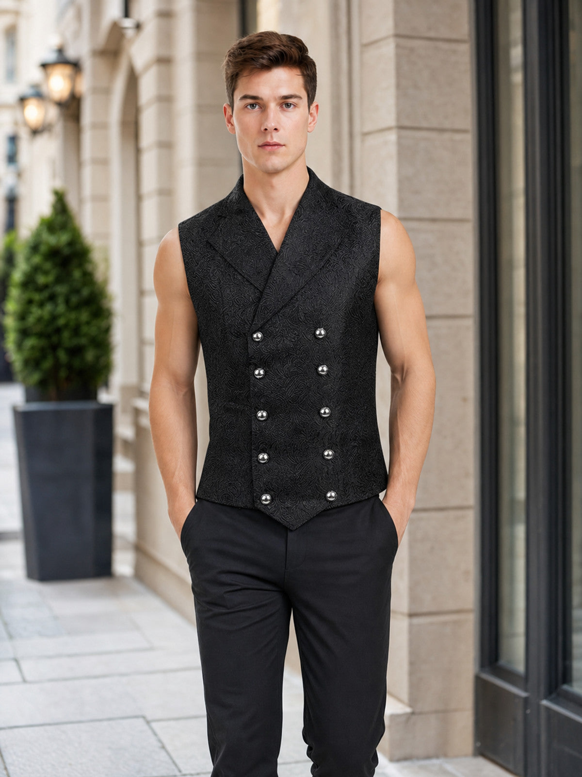 Double-Breasted Vest with a Jacquard Pattern for a Standout Look lifestyle view