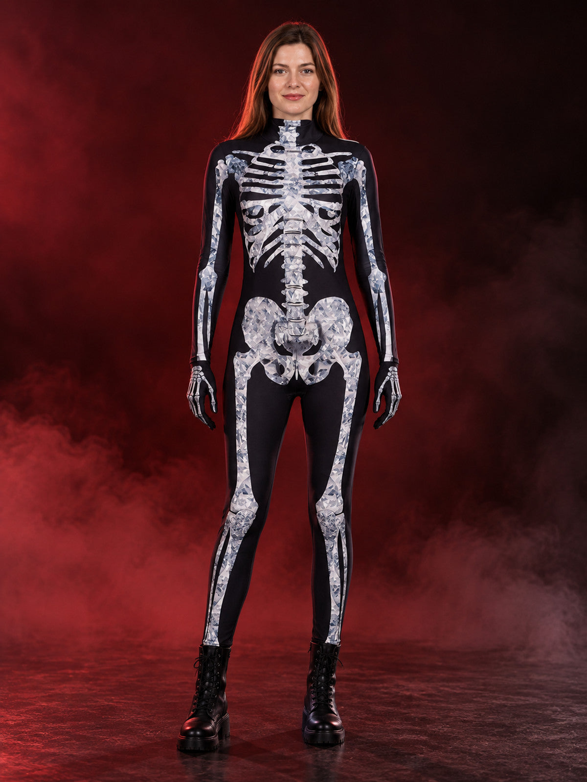 Black and White Skeleton Costume with Print and Stand Collar