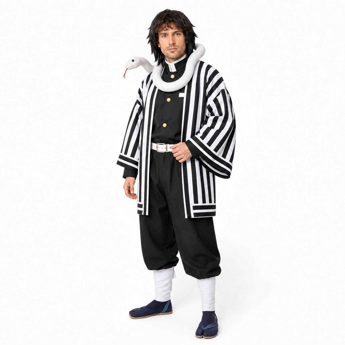 Obanai Iguro Cosplay Costume with Striped Kimono and Wig Costume Wigs detail
