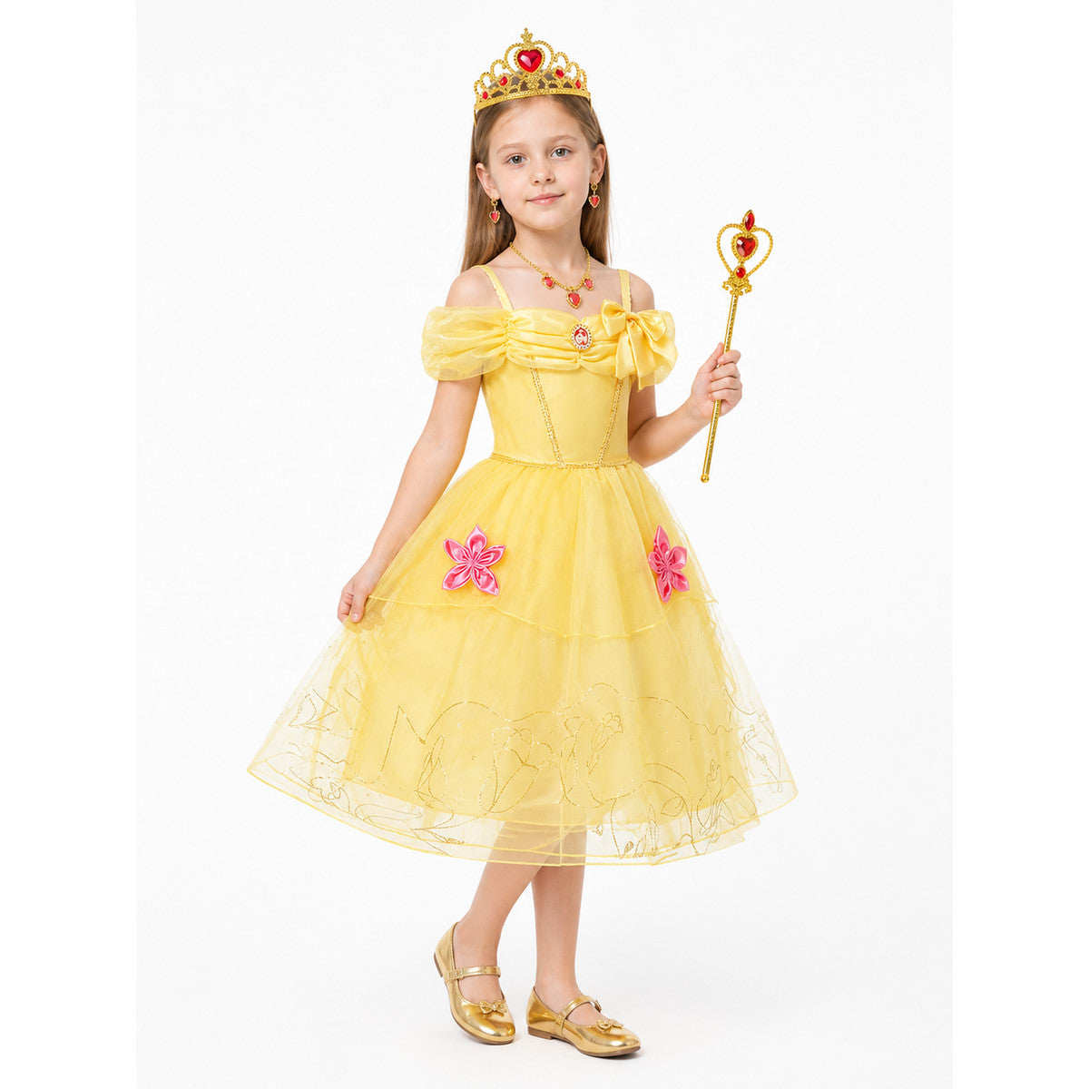 Princess Belle Costume with Full Skirted Dress and Crown Costume Dresses detail