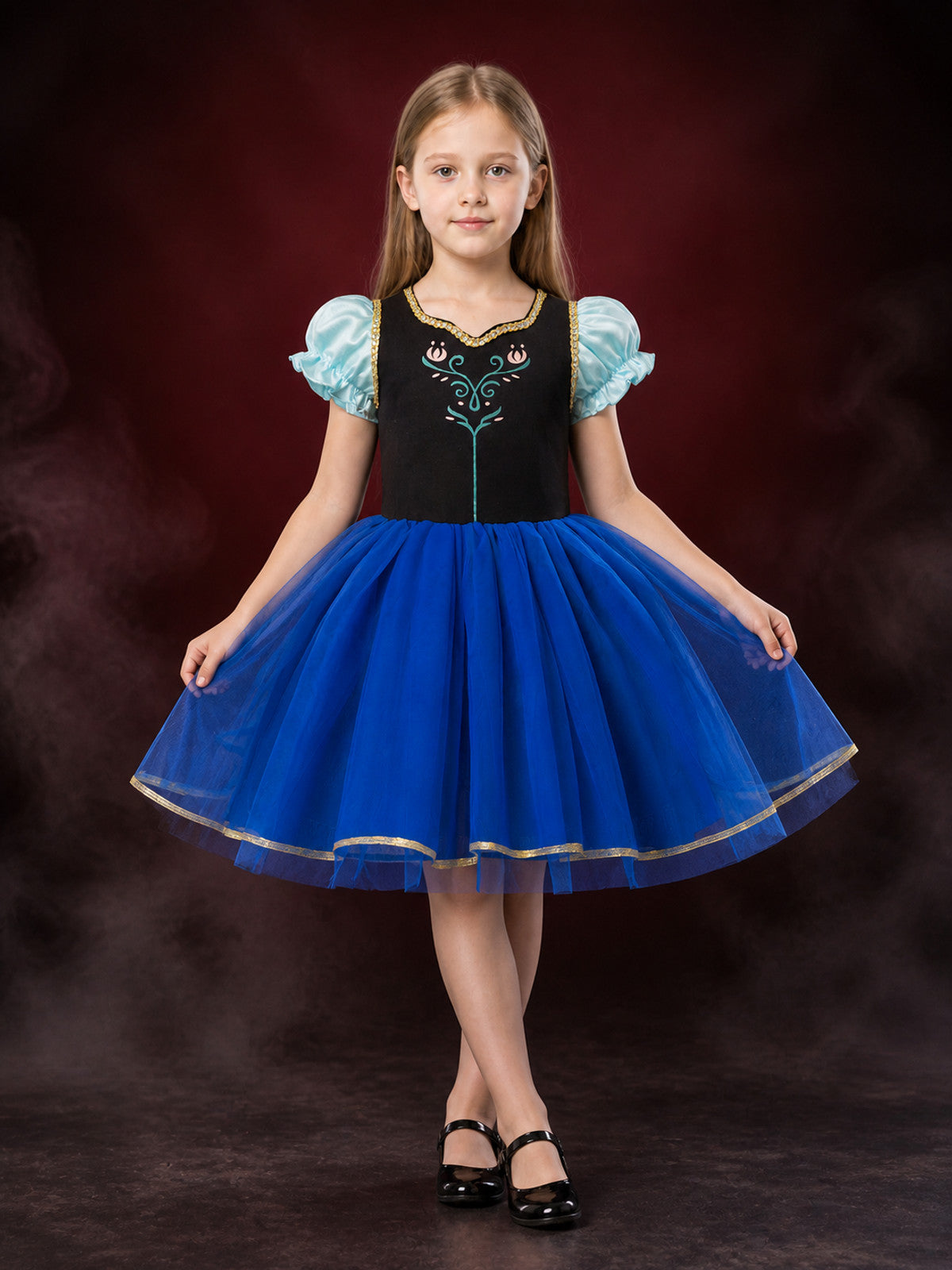 Girls' Blue Princess Cosplay Dress With Floral Embroidery And Layered Tulle main product view