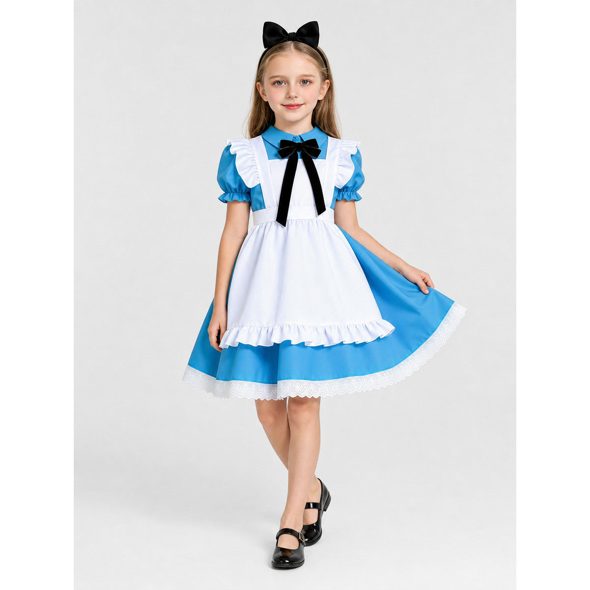 Dress with an apron, stand collar, and ruffles