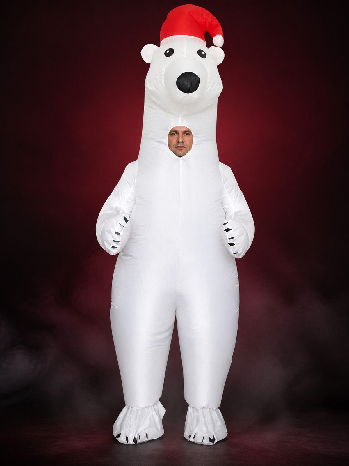 Polar Bear Inflatable Costume with Red Santa Hat and Black Claws for Halloween main product view