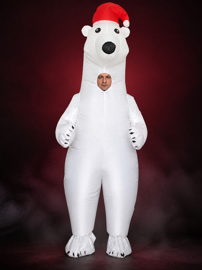 Polar Bear Inflatable Costume with Red Santa Hat and Black Claws for Halloween main product view