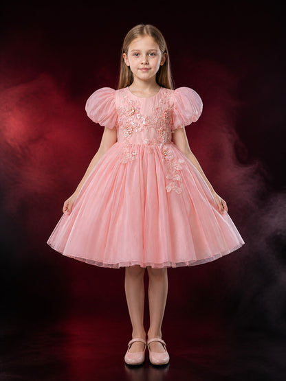 Girls' Pink Princess Dress With Puff Sleeves, Floral Sequin Embroidery and Tulle main product view