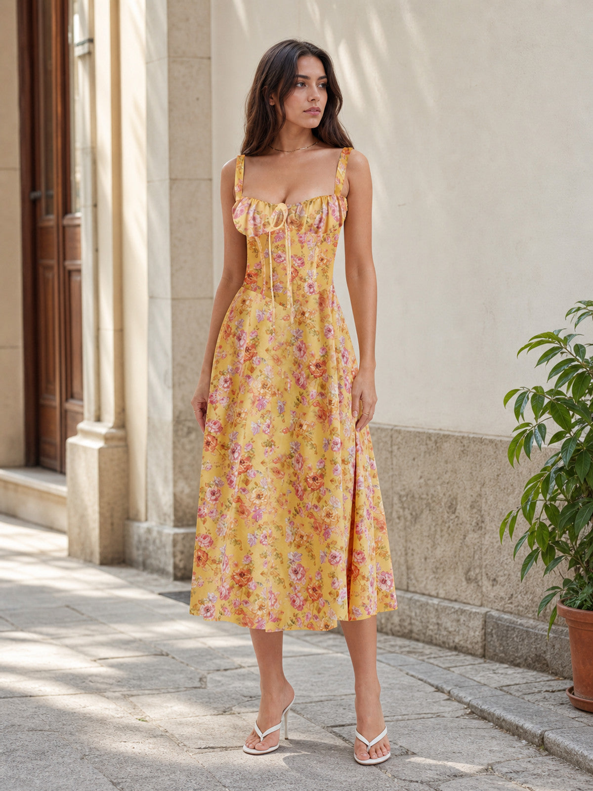 Women's Yellow Summer Midi Dress with Straps Costume Dresses detail
