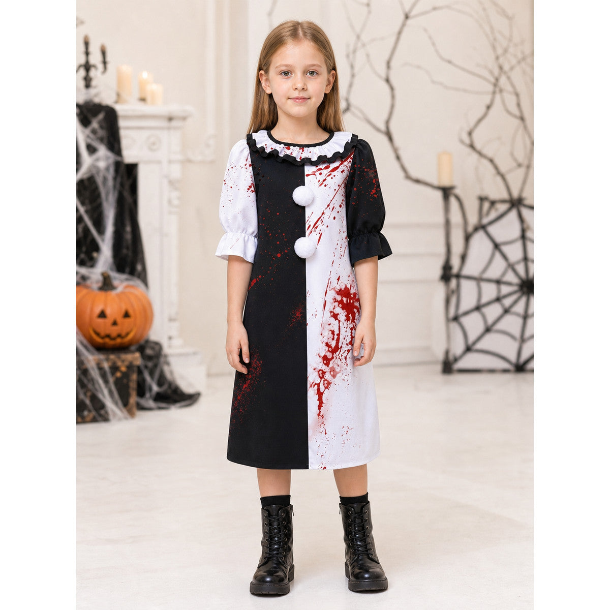 Clown Dress Costume with Ruffles and Red Splatter lifestyle view