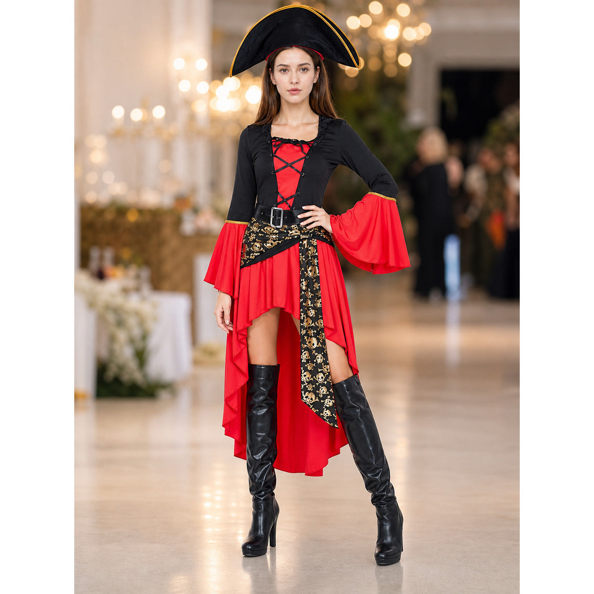 Red and black women's pirate costume with tricorn hat worn at a party