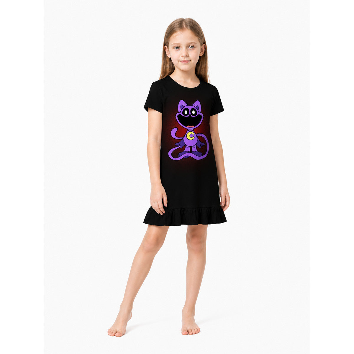 Black Cosplay Dress with Cat Print and Ruffle Costume Dresses detail