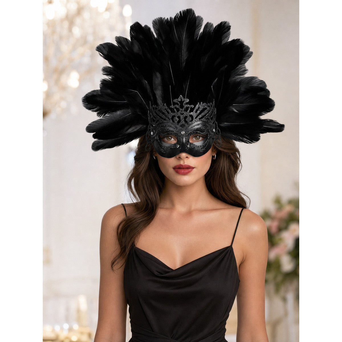 Carnival Feather Headpiece with Mask lifestyle view