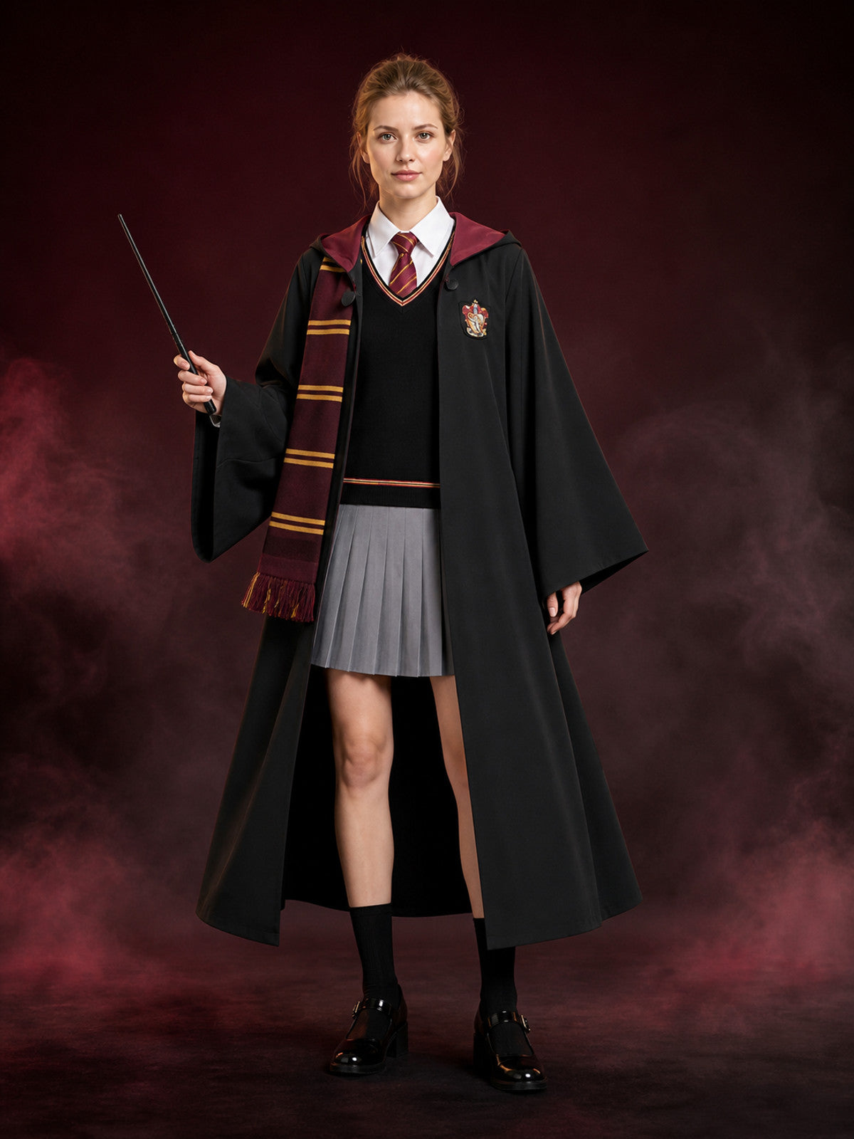 Kids Wizard Costume Set, Hooded Robe, Shirt, Pleated Skirt, Vest, Tie, Scarf and main product view