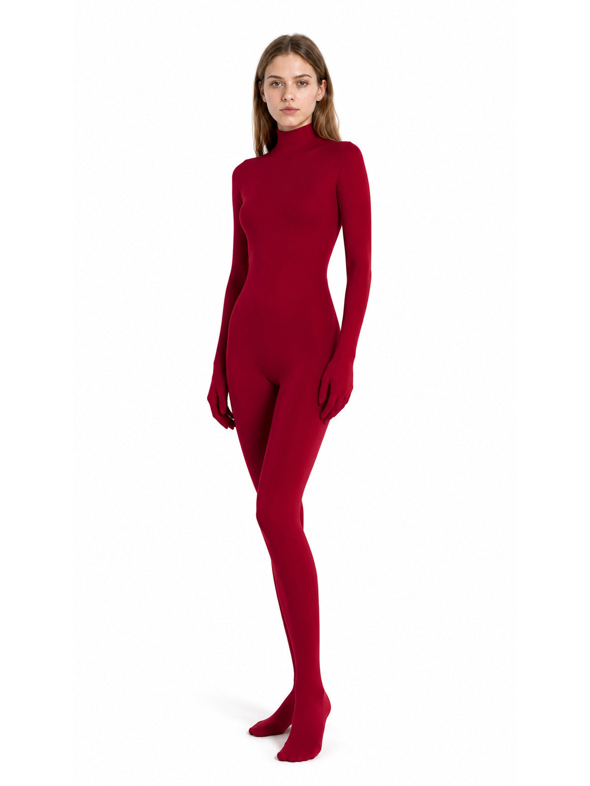 Red Hooded Open-Face Jumpsuit for Stage Performances