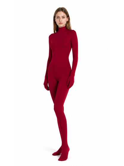 Red Hooded Open-Face Jumpsuit for Stage Performances