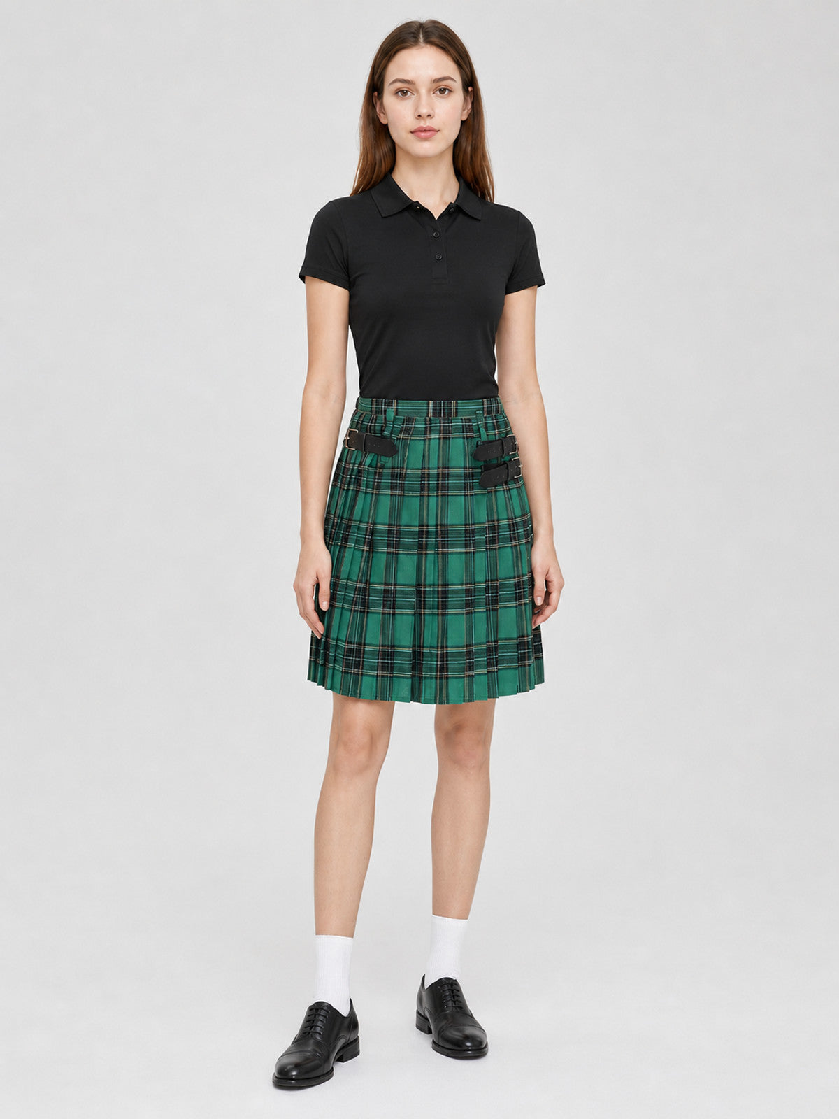 Green Plaid Pleated Skirt with Buckles