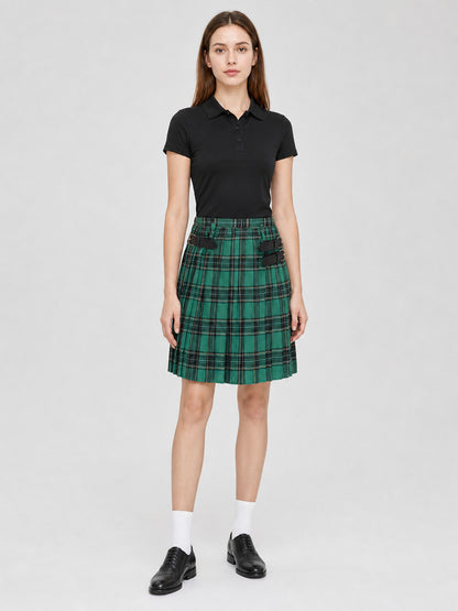Green Plaid Pleated Skirt with Buckles