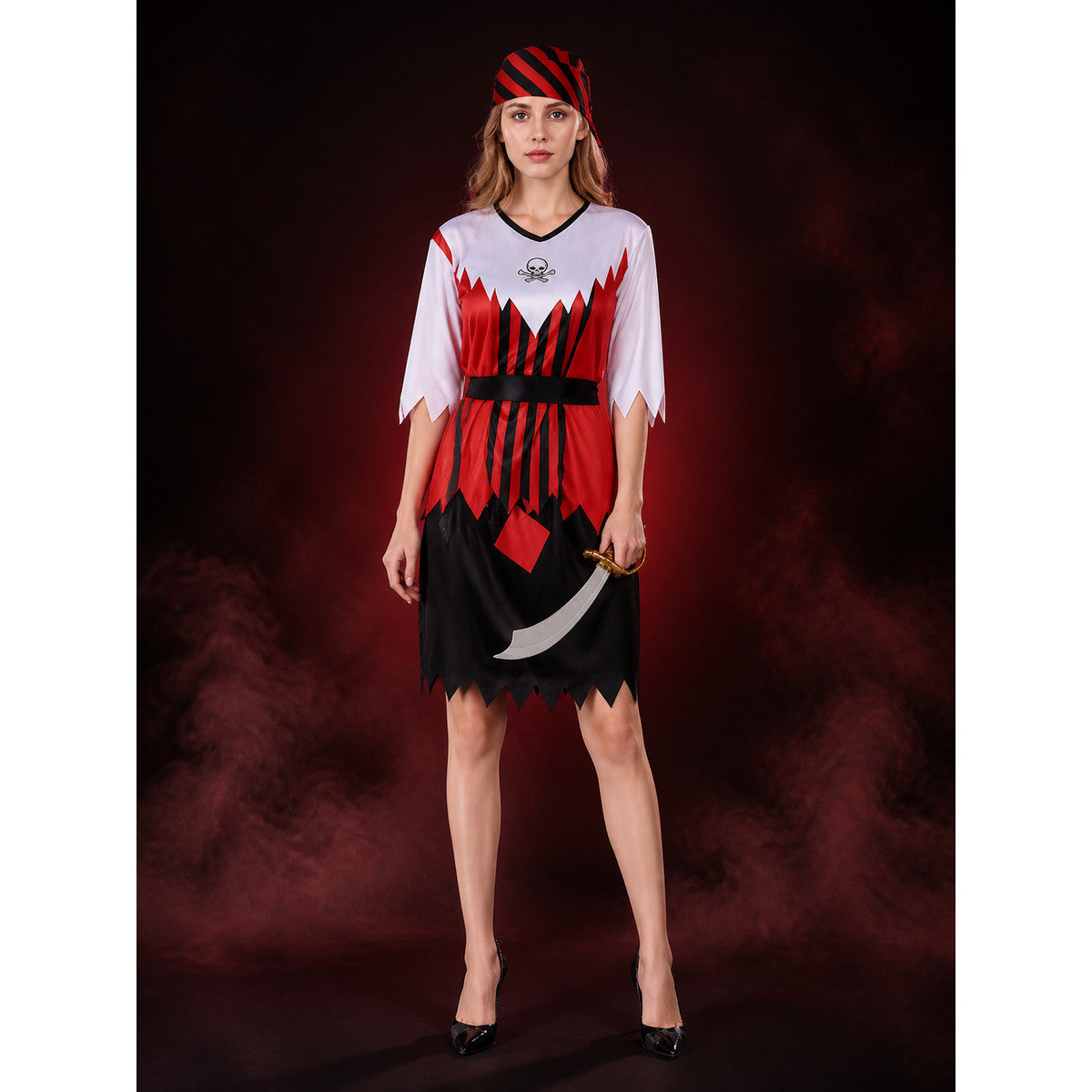 Unisex Adult Pirate Costume Set with Skull Print Top, Jagged Hem Skirt, Red lifestyle