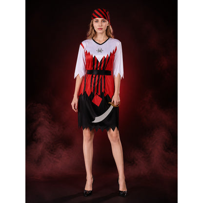 Unisex Adult Pirate Costume Set with Skull Print Top, Jagged Hem Skirt, Red lifestyle