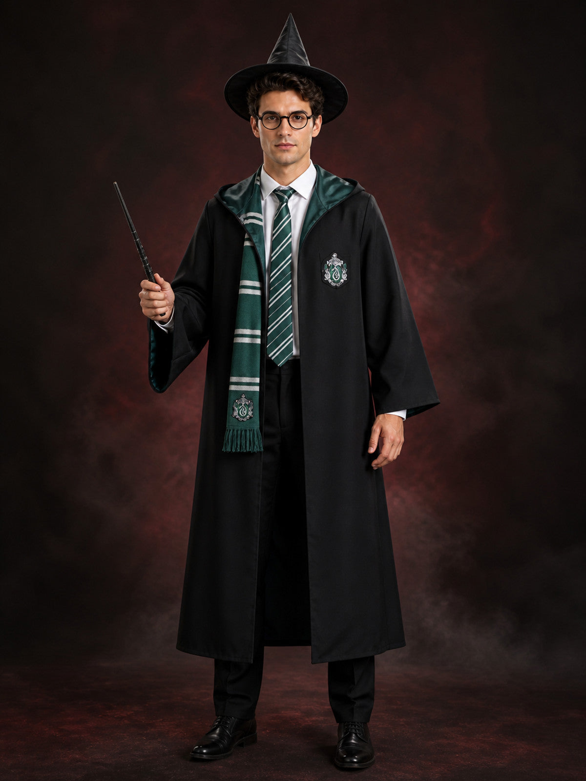 Men's Wizard Robe Costume Set, Hooded Academy Outfit With Hat, Tie, Scarf main product view