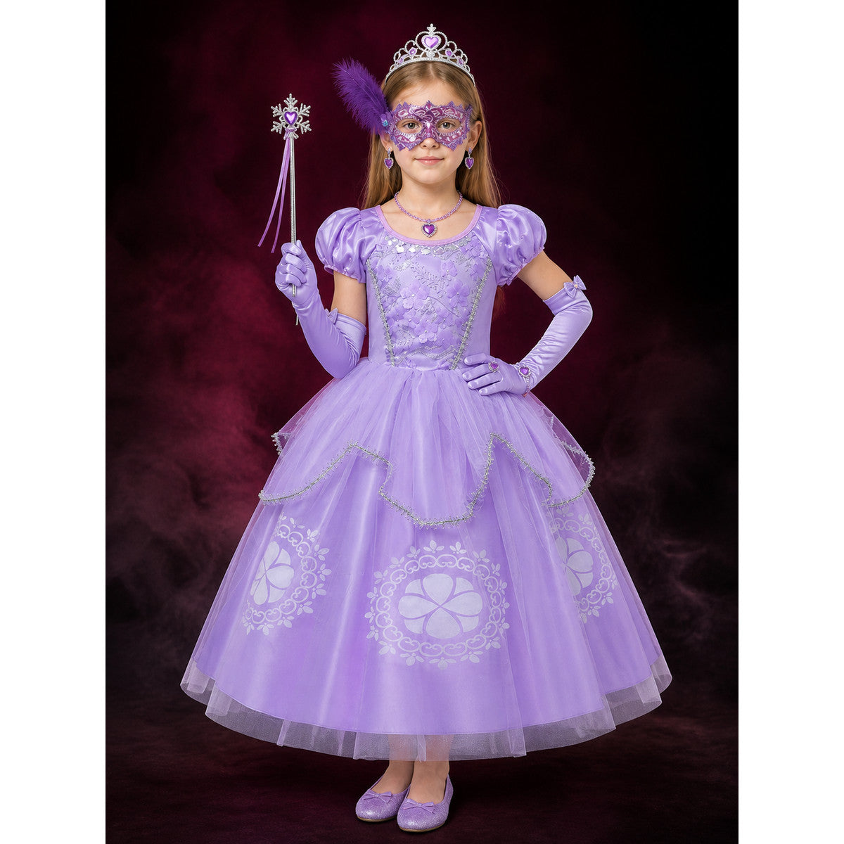 Girls' Purple Princess Costume Set With Sparkle Dress, Tiara, Mask & Gloves main product view