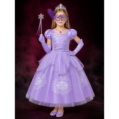Girls' Purple Princess Costume Set With Sparkle Dress, Tiara, Mask & Gloves main product view