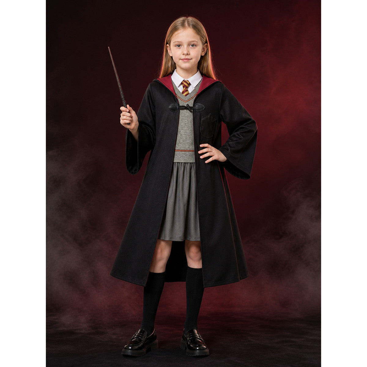 Kids Wizard Costume Set, Hooded Robe, Vest, Skirt and Wand main product view