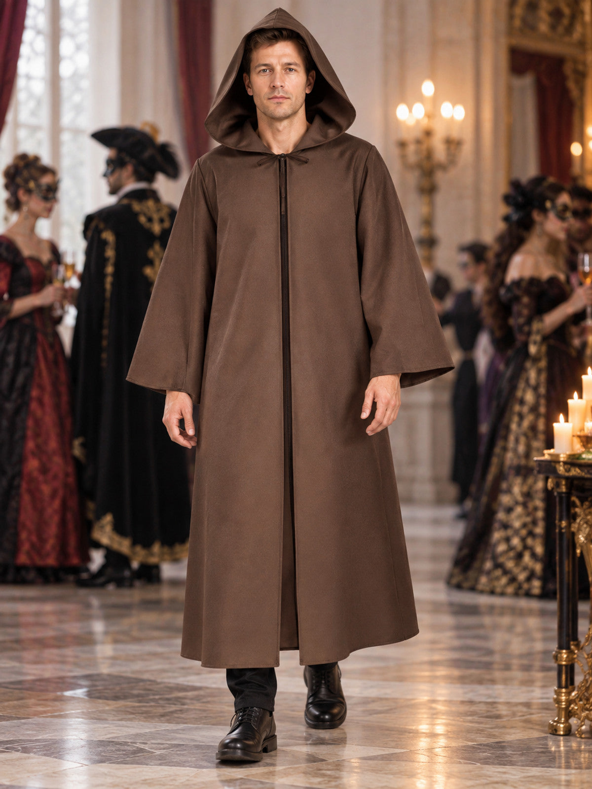 Hooded Masquerade Cloak, Brown, Wide Sleeves