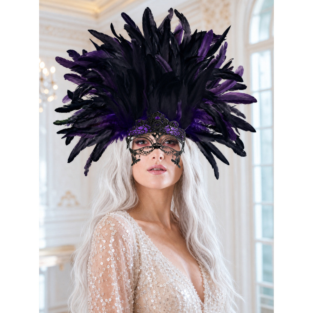 Carnival Headpiece with Feathers and Mask lifestyle view