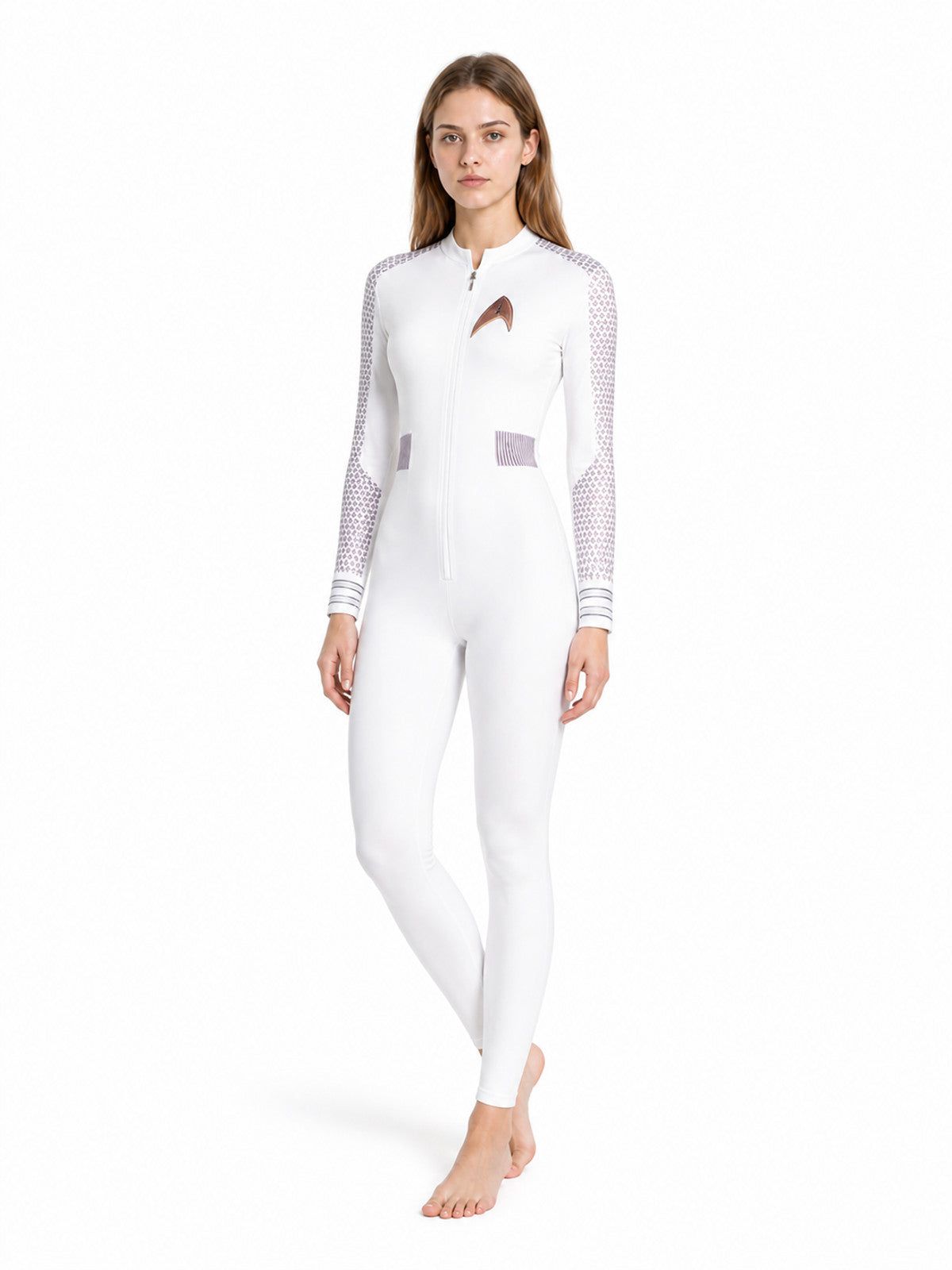 White Jumpsuit with Zipper and Stand Collar