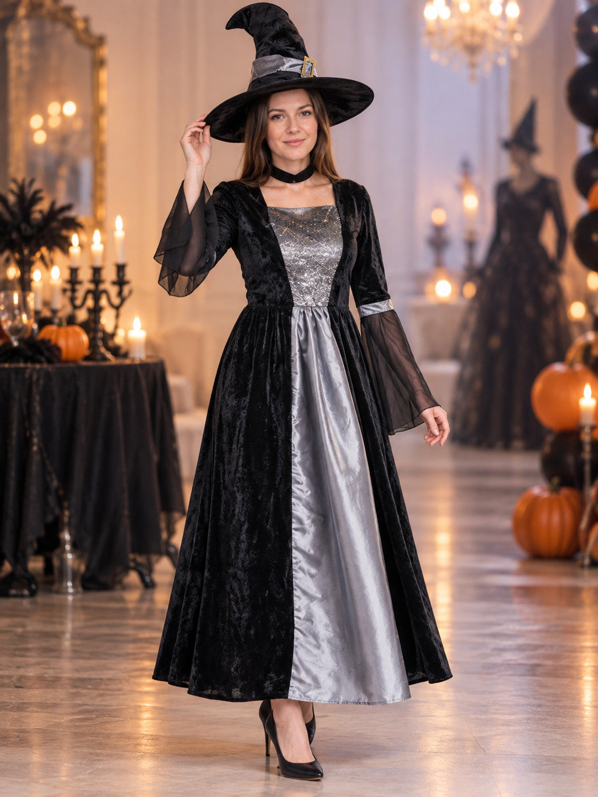 Witch Costume with Long Dress and Pointed Hat