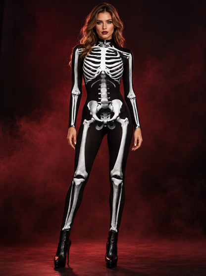 Black and White Skeleton Jumpsuit Costume with Print and Zipper