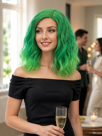 Bright Green Wavy Carnival Wig for Halloween lifestyle view