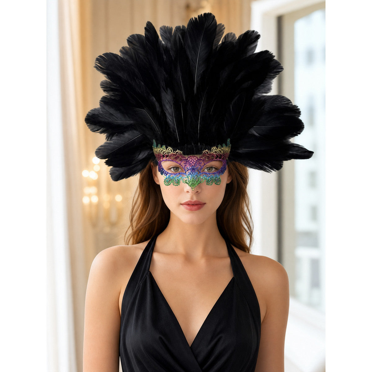Carnival Feather Headpiece with Mask lifestyle