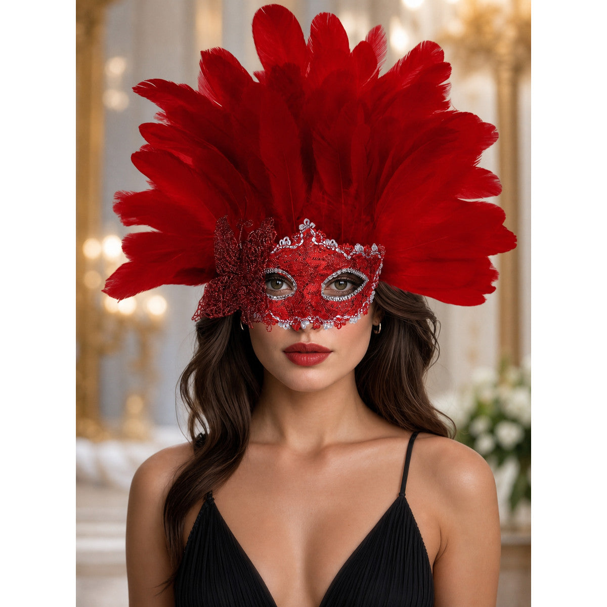 Carnival Headpiece with Red Feathers lifestyle