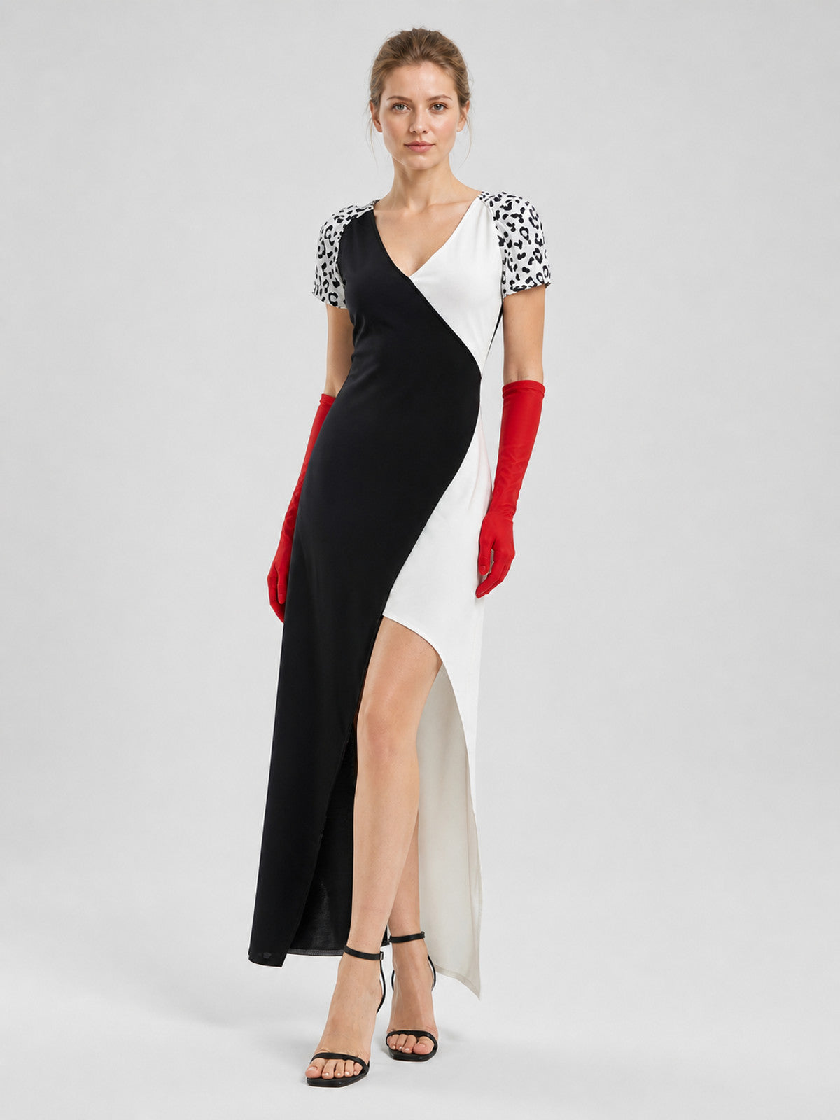 Black-and-White Asymmetrical Leopard Print Dress for Cosplay Costume Dresses detail
